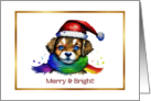 Merry and Bright Holiday Christmas Puppy Dog Wearing Rainbow Scarf card