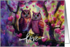 Happy Valentine’s Day Pink and Purple Owls Love Nature Hearts Couple card