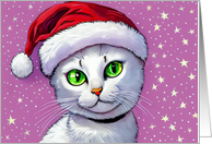 Adorable Holiday Christmas White Cat Wearing a Santa Hat Cat Lover card