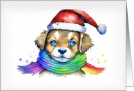 Holiday Christmas Puppy Wearing Santa Hat and Rainbow Scarf Dog Lover card