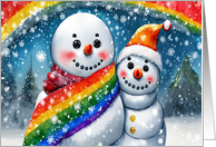 Gay Lesbian Couple Holiday Santa Hat Rainbow Scarf Snow Love card