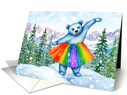 Holiday Polar Bear Dancing in the Snow Wearing a Rainbow Skirt card