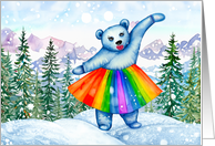 Holiday Polar Bear Dancing in the Snow Wearing a Rainbow Skirt card