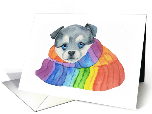 Watercolor Puppy Wrapped in Rainbow Scarf Holiday... (1802784)
