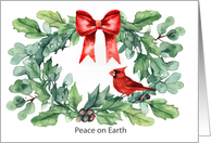Watercolor Holiday Wreath with Red Cardinal Adorned with Red Bow Peace card