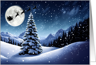 Snowy Night Sky Scene with Santa in Front of Moon Holiday Christmas card