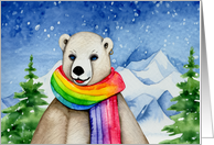 Holiday Festivus Polar Bear in Snow Wearing Rainbow Scarf and Earring card