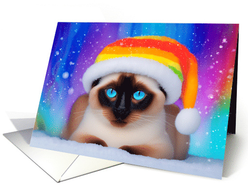 Holiday Siamese Cat in Snow Wearing Rainbow Striped Santa Hat card