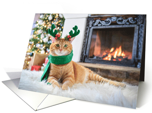 Holiday Christmas Orange Tabby Cat Next to Fireplace... (1804682)