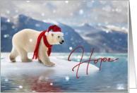 Christmas Polar Bear Walking on Snow Wearing Santa Hat Mountains Water card