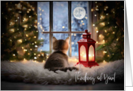 Christmas Holiday Thinking of You Tabby Kitten Cat Looking out Window card