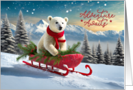 Christmas Holiday Polar Bear with Red Scarf Sledding Down Mountain card