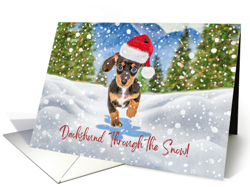 Christmas Dachshund Puppy Dog Running Through the Snow Santa Hat card