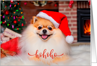 Holiday Christmas Cute Pomeranian Dog Next to Fireplace Wearing Hat card