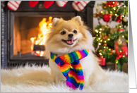 Christmas Holiday Pomeranian Dog with Rainbow Scarf and Fireplace card