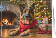 Christmas Holiday German Shepherd Dog with Red Scarf and Fireplace card