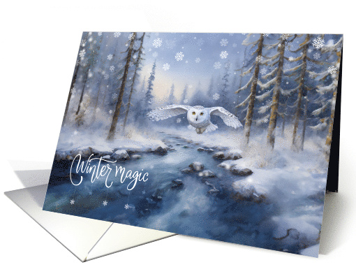 Christmas Holiday Flying Snowy Owl Winter Magic Forest Snow Scene card
