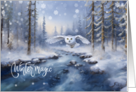 Christmas Holiday Flying Snowy Owl Winter Magic Forest Snow Scene card