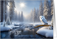 Holiday Christmas Snowy Owl Sitting on Log over River Winter Magic card