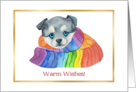 Warm Wishes Watercolor Puppy Wrapped in Rainbow Scarf Holiday card