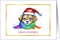 Merry and Bright Holiday Christmas Puppy Dog Wearing Rainbow Scarf card