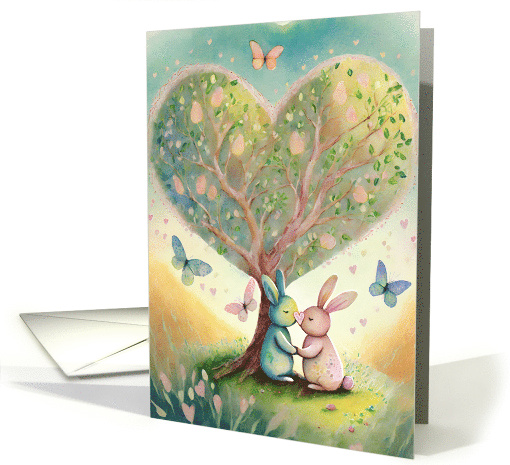 Happy Valentine's Day Pink and Blue Bunnies Kissing Hearts Couple card