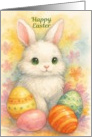 Easter Cute Bunny with Colorful Easter Eggs Watercolor card