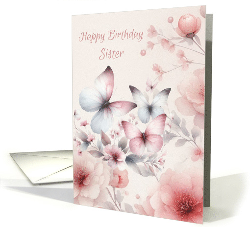 For Sister Birthday Pink Flowers and Butterflies Watercolor card