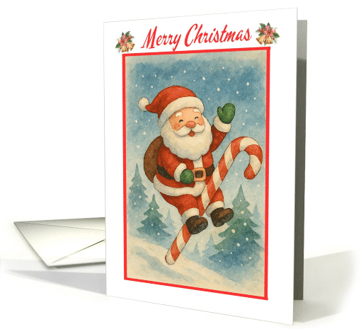 Christmas Santa Riding on a Candy Cane and Waving Watercolor card