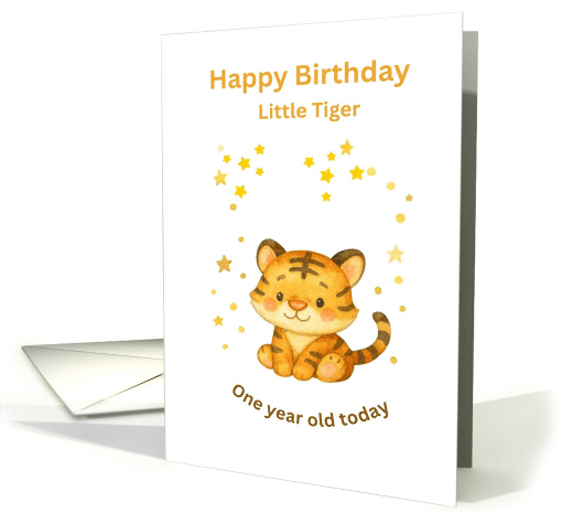 First Birthday Baby Boy Cute Little Tiger and Golden Stars card