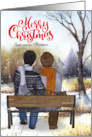 Son and Partner Christmas Gay Couple on a Winter Bench card