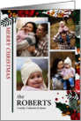 Four Photo Merry Christmas with Watercolor Holly and Berries card