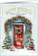 Happy Holidays Blue and Red Front Door Custom Name card