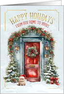 Happy Holidays Our Home to Yours Blue and Red Front Door card