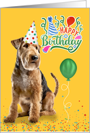 Belated Birthday Airedale Terrier Dog in a Party Hat on Yellow card