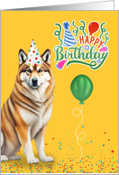 Belated Birthday Akita Dog in a Party Hat on Yellow card