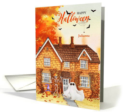 Halloween Home Decorated with Ghost and Skeleton Custom Name card