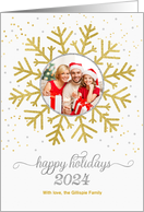 Golden Snowflake on White with Silver Happy Holidays Photo card