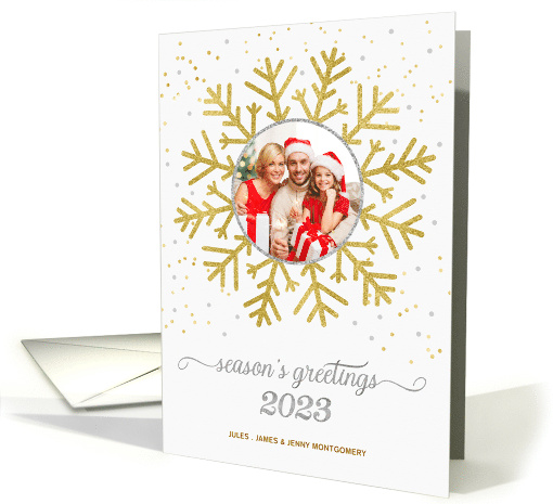Season's Greetings Golden Snowflake on White with Silver Photo card