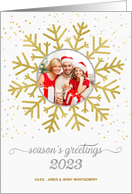 Season’s Greetings Golden Snowflake on White with Silver Photo card