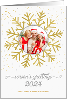 Season’s Greetings Golden Snowflake on White with Silver Photo card