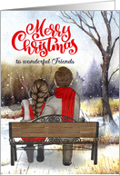 for Friends Christmas Young Caucasian Couple Winter Bench card