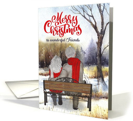 for Friends Christmas Senior Caucasian Couple Winter Bench card