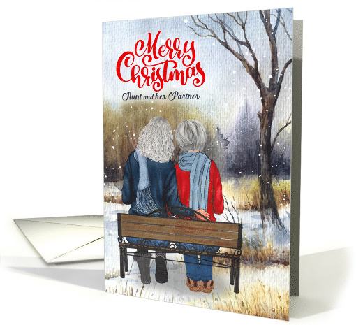 Aunt and her Partner Christmas Senior Lesbian Couple Winter Bench card