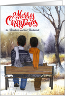 Brother and Husband Christmas Gay Black Couple Winter Bench card