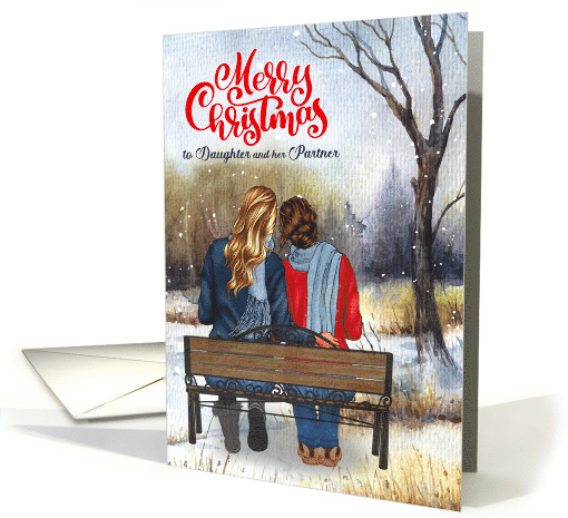 Daughter and Partner Christmas Lesbian Couple on a Winter Bench card