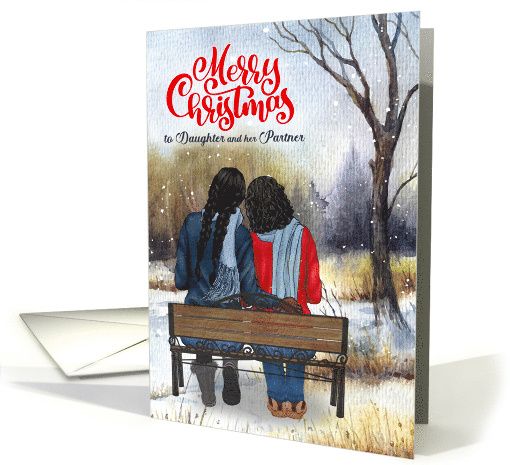 Daughter and Partner Christmas Black Lesbian Couple Winter Bench card