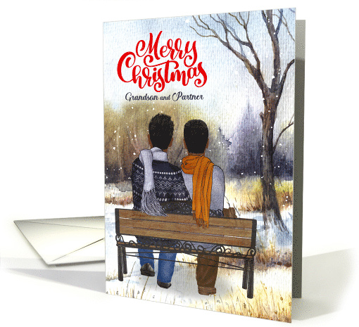 Grandson and Partner Christmas Black Gay Couple Winter Bench card