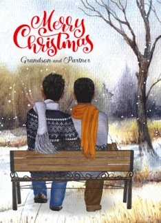 Grandson and Partner Christmas Black Gay Couple Winter Bench