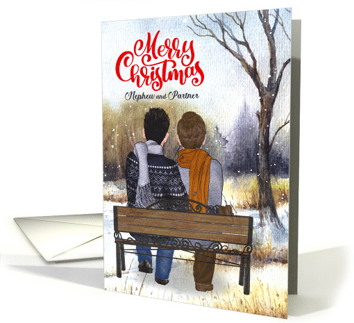 Nephew and Partner Christmas Gay Couple on a Winter Bench card